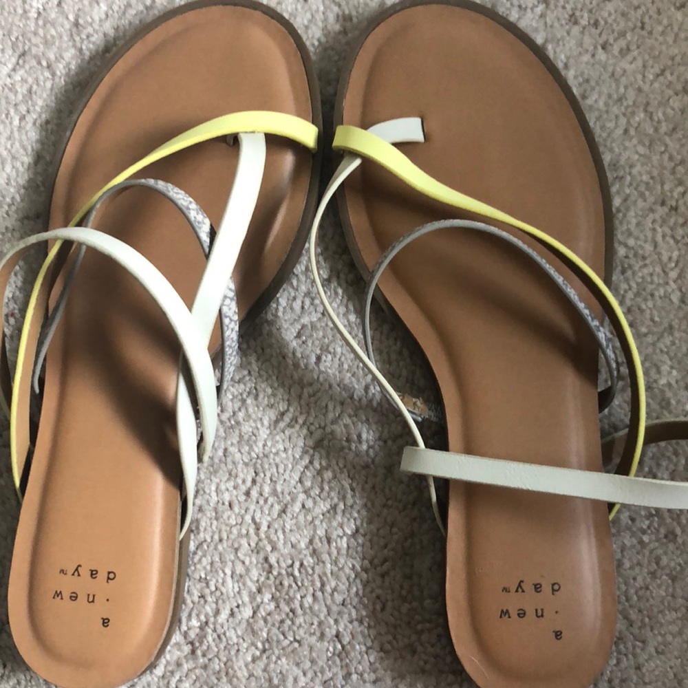 Neon yellow, tan and snakeskin 1 inch heal sandal